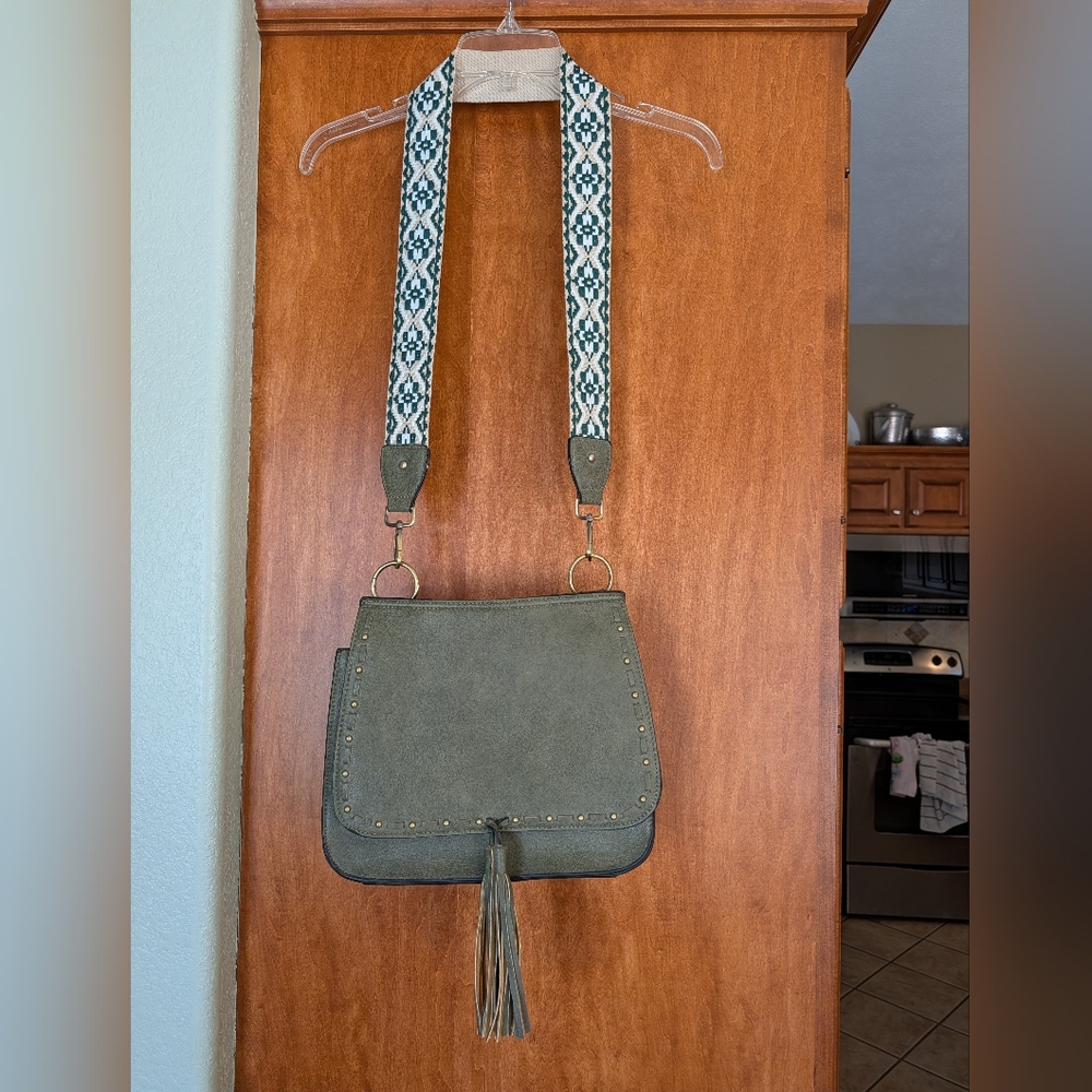 Olive Crossbody Bag with Patterned Removable Strap